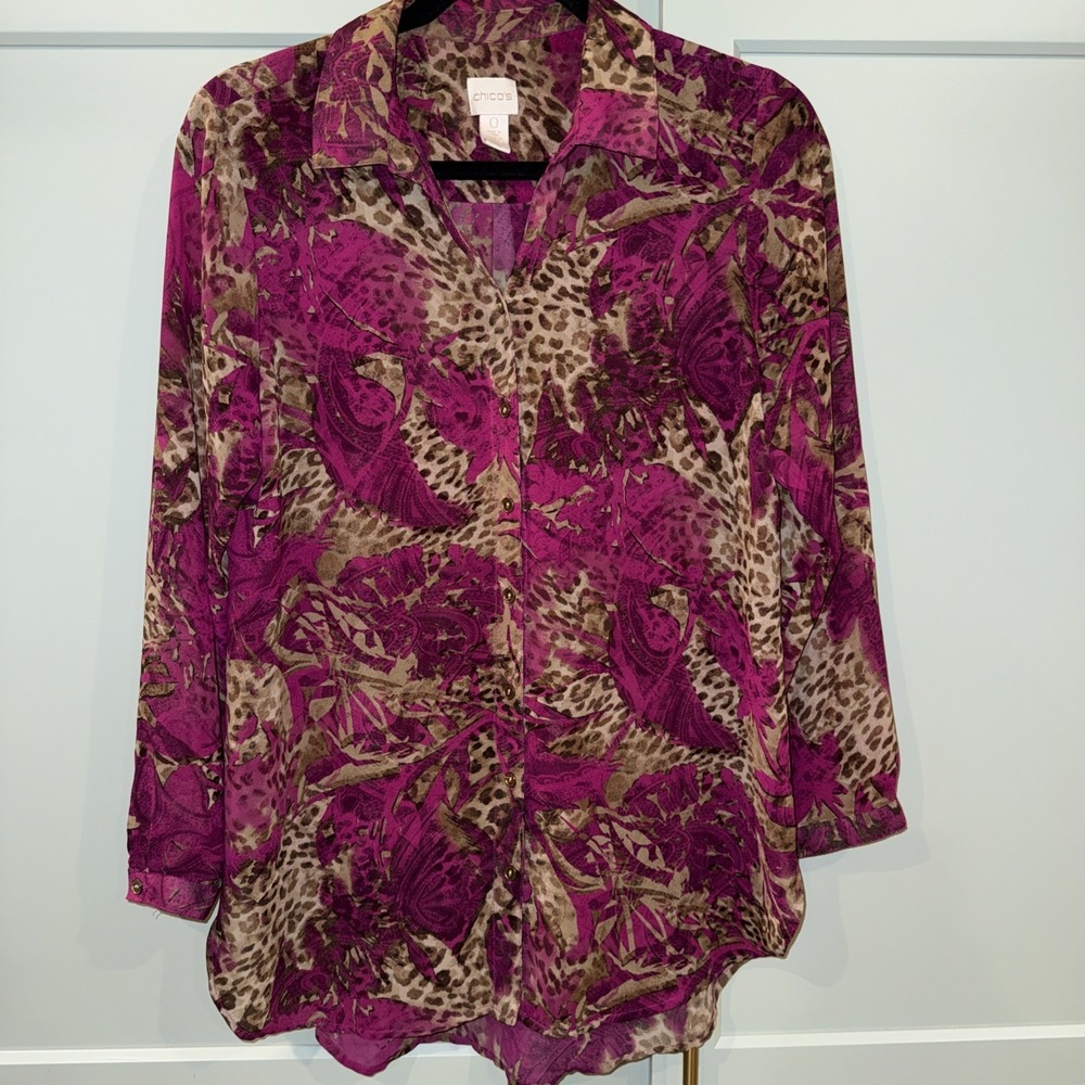 Chico's Fuchsia Abstract Floral Leopoard‎ Design Top Size 0 (4/6) Sheer L/S